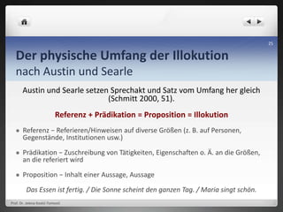Der physische Umfang der Illokution
nach Austin und Searle
Austin und Searle setzen Sprechakt und Satz vom Umfang her gleich
(Schmitt 2000, 51).
Referenz + Prädikation = Proposition = Illokution
 Referenz − Referieren/Hinweisen auf diverse Größen (z. B. auf Personen,
Gegenstände, Institutionen usw.)
 Prädikation − Zuschreibung von Tätigkeiten, Eigenschaften o. Ä. an die Größen,
an die referiert wird
 Proposition − Inhalt einer Aussage, Aussage
Das Essen ist fertig. / Die Sonne scheint den ganzen Tag. / Maria singt schön.
Prof. Dr. Jelena Kostić-Tomović
25
 