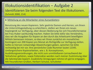 Illokutionsidentifikation − Aufgabe 2
Identifizieren Sie beim folgenden Text die Illokutionen.
(Schmitt 2000, 214)
 Mitteilung an die Mitarbeiter eines Kursanbieters:
Benutzung des neuen Kopierers. Sehr geehrte Damen und Herren, um Ihnen
die Unterrichtsgestaltung zu erleichtern, stellen wir Ihnen ein neues
Kopiergerät zur Verfügung, über dessen Bedienung Sie sich freundlicherweise
bei Frau Huber sachkundig machen. Haben Sie bitte dafür das Verständnis,
dass wir die Ausgaben für Kopien an den durch das Arbeitsamt bewilligten
Mitteln bemessen müssen, so dass wir Ihnen zunächst ein monatliches
Kontingent von 200 Kopien pro Monat als Richtgröße zur Verfügung stellen.
Sollte es hiervon notwendige Abweichungen geben, sprechen Sie bitte
rechtzeitig bei mir vor. Ihre persönliche Code-Nummer lautet 12345.
Umfangreichere Kopierarbeiten, wie z. B. Konzeptionen,
Ausbildungsverordnungen, die nicht zum unmittelbaren Lernaufwand der
Teilnehmer gehören, sowie Foliensätze werden nach meiner Zustimmung über
die Sekretariate kopiert. Zusätzliche Anregungen nehme ich gerne entgegen.
Mit freundlichen Grüßen, Herbert Schulze, Schulleiter
Prof. Dr. Jelena Kostić-Tomović
37
 