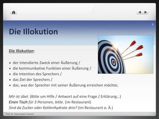Die Illokution
Die Illokution:
 der intendierte Zweck einer Äußerung /
 die kommunikative Funktion einer Äußerung /
 die Intention des Sprechers /
 das Ziel der Sprechers /
 das, was der Sprecher mit seiner Äußerung erreichen möchte;
Mir ist übel. (Bitte um Hilfe / Antwort auf eine Frage / Erklärung…)
Einen Tisch für 3 Personen, bitte. (im Restaurant)
Sind da Zucker oder Kohlenhydrate drin? (im Restaurant o. Ä.)
Prof. Dr. Jelena Kostić-Tomović
6
 