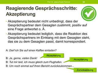 Reagierende Gesprächsschritte:
Akzeptierung
• Akzeptierung bedeutet nicht unbedingt, dass der
Gesprächspartner dem Gesagten zustimmt, positiv auf
eine Frage antwortet o. Ä.
• Akzeptierung bedeutet lediglich, dass die Reaktion des
Gesprächspartners im Einklang mit dem Gesagten steht,
das sie zu dem Gesagten passt, damit korrespondiert.
A: Darf ich Sie auf einen Kaffee einladen?
B: Ja, gerne, vielen Dank!
B: Tut mir leid, ich muss gleich zum Flughafen.
B: Um noch einmal auf Ihren Bericht zurückzukommen...
Prof. Dr. Jelena Kostić-Tomović 23
Akzeptierung
Akzeptierung
Zurückweisung
 
