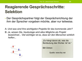 Reagierende Gesprächsschritte:
Selektion
• Der Gesprächspartner folgt der Gesprächsrichtung der
ihm der Sprecher vorgeben möchte, aber nur teilweise.
A: Und was sind Ihre wichtigsten Projekte für das kommende Jahr?
B: Ja, wissen Sie, heutzutage wird alles Mögliche als Projekt
bezeichnet... Viel wichtiger ist es, dass wir den Menschen wirklich
helfen...
Prof. Dr. Jelena Kostić-Tomović 25
„Es hängt davon ab, was die
Berdeutung des Wortes ’ist’ ist.“
Bill Clinton
Quelle: www.faz.net
 