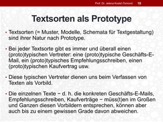 Textsorten als Prototype
• Textsorten (= Muster, Modelle, Schemata für Textgestaltung)
sind ihrer Natur nach Prototype.
• Bei jeder Textsorte gibt es immer und überall einen
(proto)typischen Vertreter: eine (proto)typische Geschäfts-E-
Mail, ein (proto)typisches Empfehlungsschreiben, einen
(proto)typischen Kaufvertrag usw.
• Diese typischen Vertreter dienen uns beim Verfassen von
Texten als Vorbild.
• Die einzelnen Texte − d. h. die konkreten Geschäfts-E-Mails,
Empfehlungsschreiben, Kaufverträge − müss(t)en im Großen
und Ganzen diesen Vorbildern entsprechen, können aber
auch bis zu einem gewissen Grade davon abweichen.
Prof. Dr. Jelena Kostić-Tomović 10
 