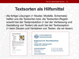 Textsorten als Hilfsmittel
• Als fertige Lösungen (= Muster, Modelle, Schemata)
helfen uns die Textsorten bzw. die Textsorten-Regeln
sowohl bei der Textproduktion (= bei der Verfassung und
Gestaltung von Texten) als auch bei der Textrezeption
(= beim Deuten und Verstehen von Texten, die wir lesen).
Prof. Dr. Jelena Kostić-Tomović 5
 