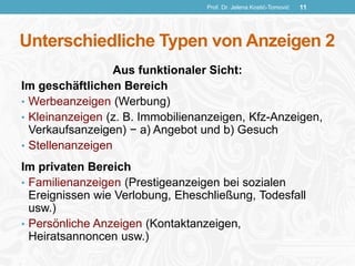 Unterschiedliche Typen von Anzeigen 2
Aus funktionaler Sicht:
Im geschäftlichen Bereich
• Werbeanzeigen (Werbung)
• Kleinanzeigen (z. B. Immobilienanzeigen, Kfz-Anzeigen,
Verkaufsanzeigen) − a) Angebot und b) Gesuch
• Stellenanzeigen
Im privaten Bereich
• Familienanzeigen (Prestigeanzeigen bei sozialen
Ereignissen wie Verlobung, Eheschließung, Todesfall
usw.)
• Persönliche Anzeigen (Kontaktanzeigen,
Heiratsannoncen usw.)
Prof. Dr. Jelena Kostić-Tomović 11
 