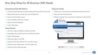 www.textlocal.in
One-Stop Shop for All Business SMS Needs
Comprehensive Bulk SMS Platform
Send personalized SMS with unmatched delivery (Promotional & Transactional)
Receive SMS using short codes, long codes and keywords
Access real-time delivery reports
Opt-in (myDND) and Opt-out manager
Easy & secure API integration
Excel to SMS plugin
Unique features
Send files, images & weblinks as Textlocal shortlinks
Get detailed click-through reports for all Textlocal shortlinks
Email to SMS gateway
iOS/Android apps to send SMS
Create and send data collection forms and html surveys
Create and send mobile tickets, vouchers, loyalty cards
Create and send mobile web pages
Enterprise friendly
Tiered account structure with centralized/decentralized purchases
Multi-user roles & audit tracking
Bespoke campaign setup, reporting and integration, enhanced SLAs
22
 