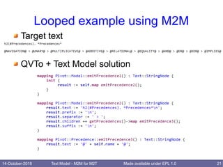14-October-2018 Text Model - M2M for M2T 21Made available under EPL 1.0
Looped example using M2M
Target text
QVTo + Text Model solution
 