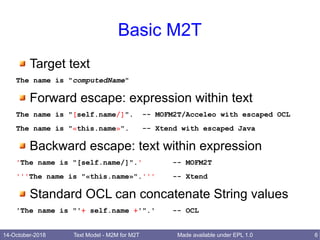 14-October-2018 Text Model - M2M for M2T 6Made available under EPL 1.0
Basic M2T
Target text
The name is "computedName"
Forward escape: expression within text
The name is "[self.name/]". -- MOFM2T/Acceleo with escaped OCL
The name is "«this.name»". -- Xtend with escaped Java
Backward escape: text within expression
'The name is "[self.name/]".' -- MOFM2T
'''The name is "«this.name»".''' -- Xtend
Standard OCL can concatenate String values
'The name is "'+ self.name +'".' -- OCL
 