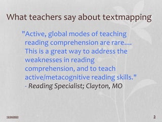 12/24/2023 3
What teachers say about textmapping
"Active, global modes of teaching
reading comprehension are rare....
This is a great way to address the
weaknesses in reading
comprehension, and to teach
active/metacognitive reading skills."
- Reading Specialist; Clayton, MO
 