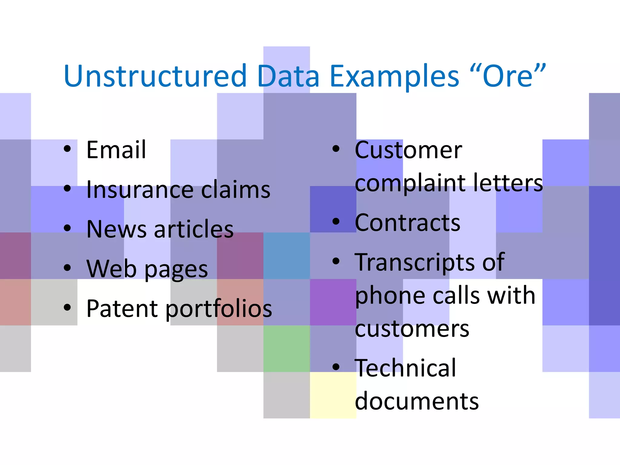 Unstructured Data Examples “Ore”
• Email
• Insurance claims
• News articles
• Web pages
• Patent portfolios
• Customer
complaint letters
• Contracts
• Transcripts of
phone calls with
customers
• Technical
documents
 