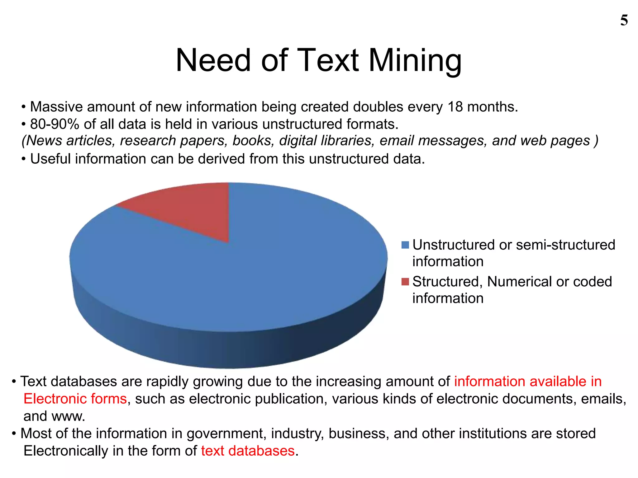 5
Need of Text Mining
• Massive amount of new information being created doubles every 18 months.
• 80-90% of all data is held in various unstructured formats.
• Useful information can be derived from this unstructured data.
Unstructured or semi-structured
information
Structured, Numerical or coded
information
(News articles, research papers, books, digital libraries, email messages, and web pages )
• Text databases are rapidly growing due to the increasing amount of information available in
Electronic forms, such as electronic publication, various kinds of electronic documents, emails,
and www.
• Most of the information in government, industry, business, and other institutions are stored
Electronically in the form of text databases.
 