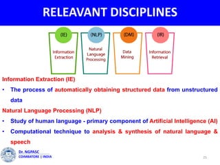 RELEAVANT DISCIPLINES
25
Dr. NGPASC
COIMBATORE | INDIA
Information Extraction (IE)
• The process of automatically obtaining structured data from unstructured
data
Natural Language Processing (NLP)
• Study of human language - primary component of Artificial Intelligence (AI)
• Computational technique to analysis & synthesis of natural language &
speech
 
