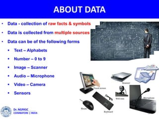 ABOUT DATA
4
Dr. NGPASC
COIMBATORE | INDIA
• Data - collection of raw facts & symbols
• Data is collected from multiple sources
• Data can be of the following forms
 Text – Alphabets
 Number – 0 to 9
 Image – Scanner
 Audio – Microphone
 Video – Camera
 Sensors
 