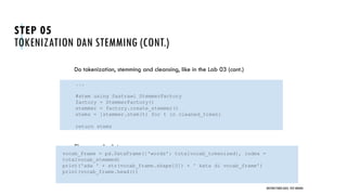 STEP 05
TOKENIZATION DAN STEMMING (CONT.)
Do tokenization, stemming and cleansing, like in the Lab 03 (cont.)
Show sample data
UNSTRUCTURED DATA: TEXT MINING
...
#stem using Sastrawi StemmerFactory
factory = StemmerFactory()
stemmer = factory.create_stemmer()
stems = [stemmer.stem(t) for t in cleaned_token]
return stems
vocab_frame = pd.DataFrame({'words': totalvocab_tokenized}, index =
totalvocab_stemmed)
print('ada ' + str(vocab_frame.shape[0]) + ' kata di vocab_frame')
print(vocab_frame.head())
 