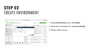 STEP 02
CREATE ENVIRONMENT
1. Choose Environment, and click Create
2. Name the environment, for example training1
3. Choose python version
 