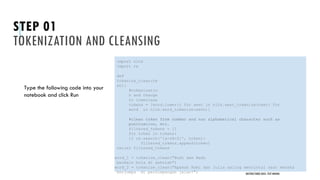 STEP 01
TOKENIZATION AND CLEANSING
Type the following code into your
notebook and click Run
UNSTRUCTURED DATA: TEXT MINING
import nltk
import re
def
tokenize_clean(te
xt):
#tokenizatio
n and change
to lowercase
tokens = [word.lower() for sent in nltk.sent_tokenize(text) for
word in nltk.word_tokenize(sent)]
#clean token from number and non alphabetical character such as
punctuation, etc.
filtered_tokens = []
for token in tokens:
if re.search('[a-zA-Z]', token):
filtered_tokens.append(token)
return filtered_tokens
word_1 = tokenize_clean("Budi dan Badu
bermain bola di sekolah")
word_2 = tokenize_clean("Apakah Romi dan Julia saling mencintai saat mereka
berjumpa di persimpangan jalan?")
 