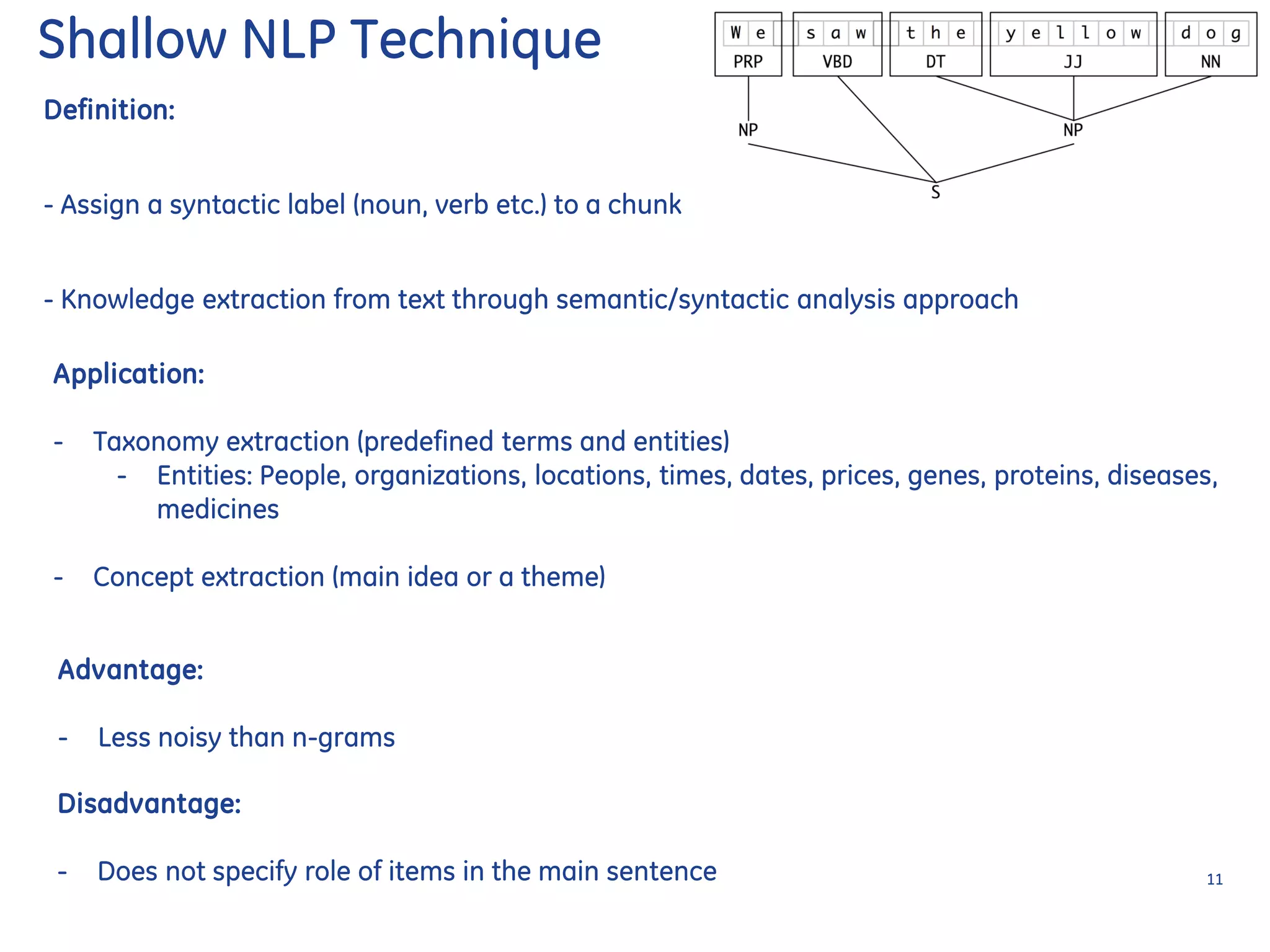Application:
- Taxonomy extraction (predefined terms and entities)
- Entities: People, organizations, locations, times, dates, prices, genes, proteins, diseases,
medicines
- Concept extraction (main idea or a theme)
Advantage:
- Less noisy than n-grams
Disadvantage:
- Does not specify role of items in the main sentence
Shallow NLP Technique
Definition:
- Assign a syntactic label (noun, verb etc.) to a chunk
- Knowledge extraction from text through semantic/syntactic analysis approach
11
 