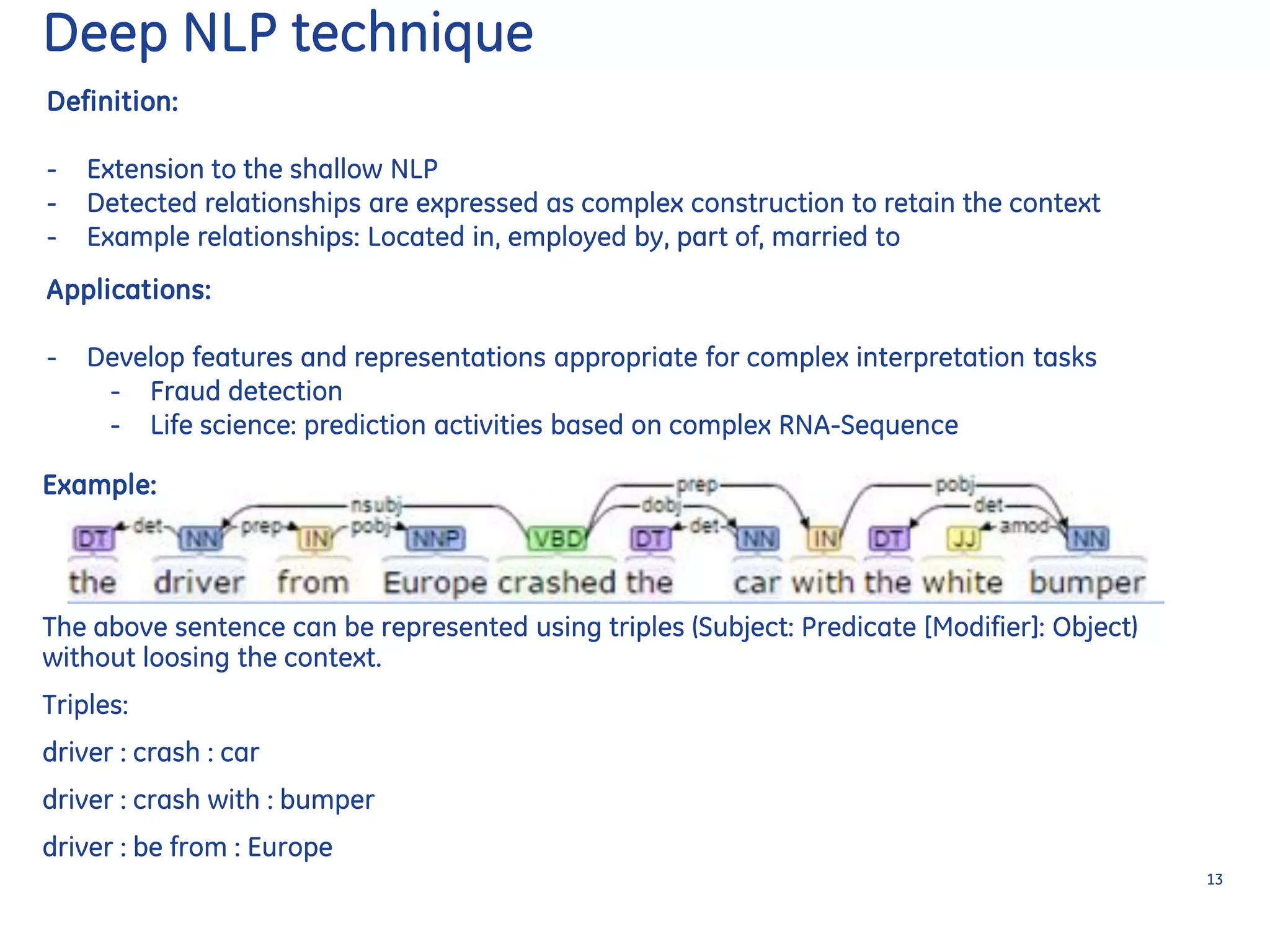 Definition:
- Extension to the shallow NLP
- Detected relationships are expressed as complex construction to retain the context
- Example relationships: Located in, employed by, part of, married to
Applications:
- Develop features and representations appropriate for complex interpretation tasks
- Fraud detection
- Life science: prediction activities based on complex RNA-Sequence
Deep NLP technique
Example:
The above sentence can be represented using triples (Subject: Predicate [Modifier]: Object)
without loosing the context.
Triples:
driver : crash : car
driver : crash with : bumper
driver : be from : Europe
13
 