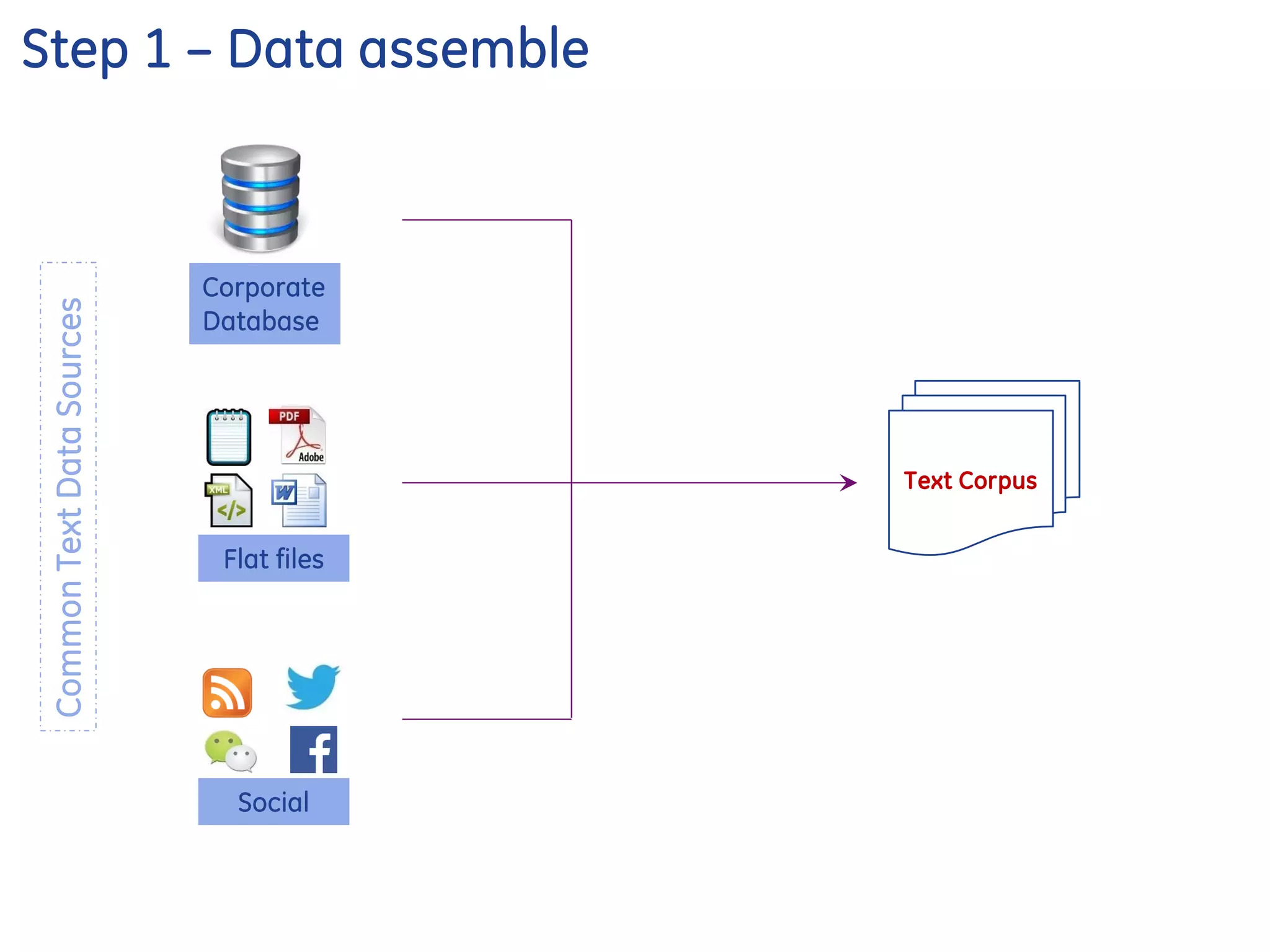 Step 1 – Data assemble
Text Corpus
Flat files
Social
Corporate
Database
CommonTextDataSources
 