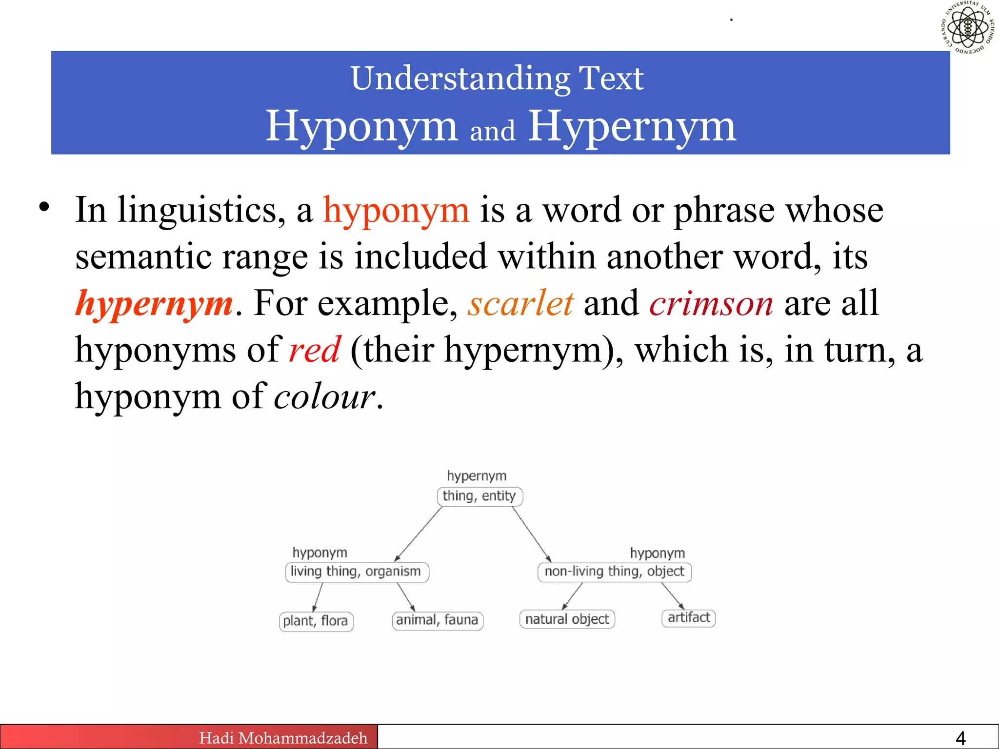 .



                          Understanding Text
                Hyponym and Hypernym
• In linguistics, a hyponym is a word or phrase whose
  semantic range is included within another word, its
  hypernym. For example, scarlet and crimson are all
  hyponyms of red (their hypernym), which is, in turn, a
  hyponym of colour.




          Hadi Mohammadzadeh   Text Mining by Examples   Pages       4
 
