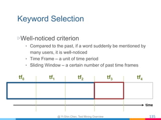 Keyword Selection
▷ Well-noticed criterion
•  Compared to the past, if a word suddenly be mentioned by
many users, it is w...