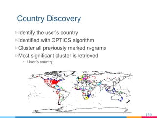 Country Discovery
▷ Identify the user’s country
▷ Identified with OPTICS algorithm
▷ Cluster all previously marked n-grams...