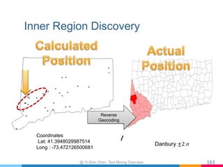 Inner Region Discovery
161	
•  Identify user’s Hometown
•  Remove toponyms
•  Clustered with OPTICS
•  Only locations with...