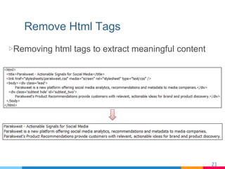 Remove Html Tags
▷ Removing html tags to extract meaningful content
21	
 