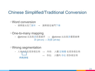 Chinese Simplified/Traditional Conversion
▷ Word conversion
•  请乘客从后门落车　→　請乘客從後門下車
▷ One-to-many mapping
•  @shinrei 出去旅游还...
