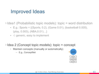Improved Ideas
▷ Idea1 (Probabilistic topic models): topic = word
distribution
•  E.g.: Sports = {(Sports, 0.2), (Game 0.0...