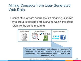Mining Concepts from User-Generated
Web Data
▷ Concept: in a word sequence, its meaning is known
by a group of people and ...