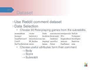Dataset
▷Use Reddit comment dataset
▷Data Selection
• Choose 30 Role-playing games from the subreddits.
• Choose useful at...