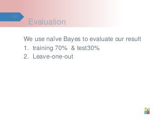 Evaluation
We use naïve Bayes to evaluate our result
1. training 70% & test30%
2. Leave-one-out
197
 