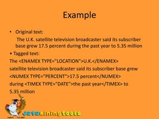 ExampleOriginal text:      The U.K. satellite television broadcaster said its subscriber base grew 17.5 percent during the past year to 5.35 million• Tagged text:The <ENAMEX TYPE="LOCATION">U.K.</ENAMEX>satellite television broadcaster said its subscriber base grew<NUMEX TYPE="PERCENT">17.5 percent</NUMEX>during <TIMEX TYPE="DATE">the past year</TIMEX> to5.35 millionExample