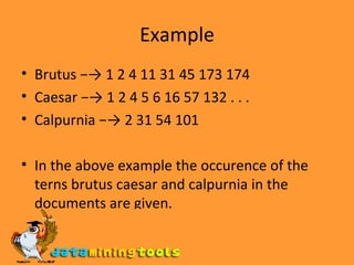 Example Brutus −-> 1 2 4 11 31 45 173 174 Caesar −-> 1 2 4 5 6 16 57 132 . . . Calpurnia −-> 2 31 54 101 In the above example the occurence of the terns brutus caesar and calpurnia in the documents are given. 
