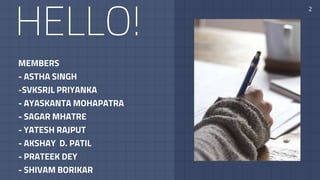 HELLO!
MEMBERS
- ASTHA SINGH
-SVKSRJL PRIYANKA
- AYASKANTA MOHAPATRA
- SAGAR MHATRE
- YATESH RAJPUT
- AKSHAY D. PATIL
- PRATEEK DEY
- SHIVAM BORIKAR
2
 