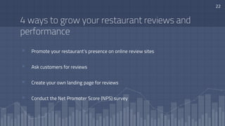 22
4 ways to grow your restaurant reviews and
performance
▫ Promote your restaurant’s presence on online review sites
▫ Ask customers for reviews
▫ Create your own landing page for reviews
▫ Conduct the Net Promoter Score (NPS) survey
 