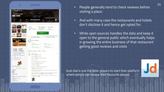 25
• People generally tend to check reviews before
visiting a place.
• And with many case the restaurants and hotels
don’t disclose it and hence get opted for.
• While open sources handles the data and keep it
open to the general public which eventually helps
in growing the entire business of that restaurant
getting good reviews and visits
(Just dial is one the older players to start their platform
where people can review their favourite places)
 