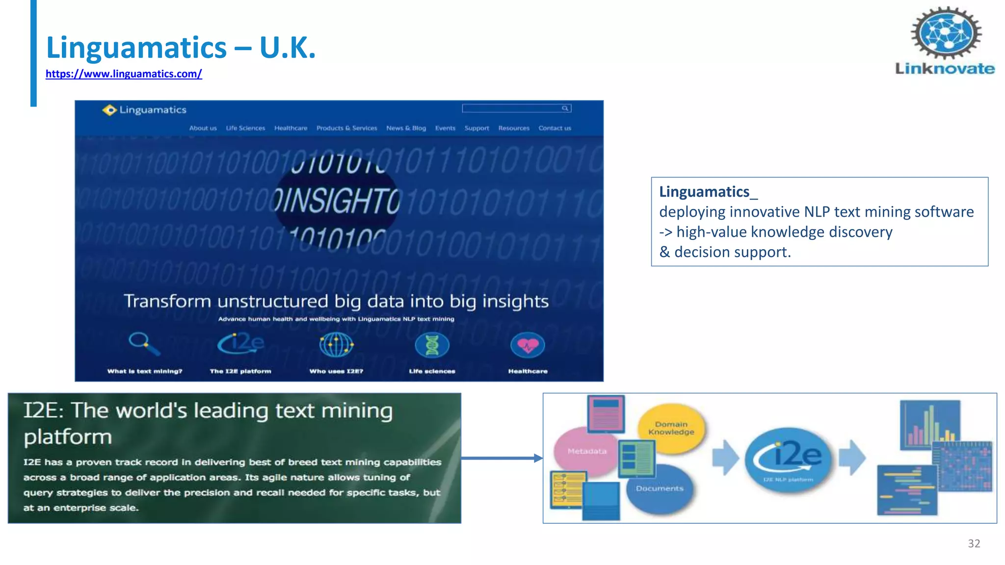 Linguamatics – U.K.
https://www.linguamatics.com/
32
Linguamatics_
deploying innovative NLP text mining software
-> high-value knowledge discovery
& decision support.
 
