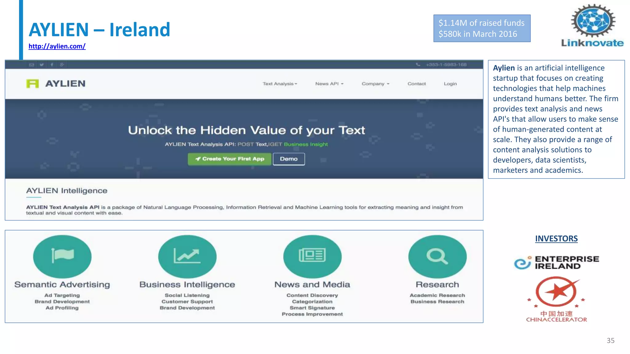 AYLIEN – Ireland
http://aylien.com/
35
$1.14M of raised funds
$580k in March 2016
Aylien is an artificial intelligence
startup that focuses on creating
technologies that help machines
understand humans better. The firm
provides text analysis and news
API's that allow users to make sense
of human-generated content at
scale. They also provide a range of
content analysis solutions to
developers, data scientists,
marketers and academics.
INVESTORS
 