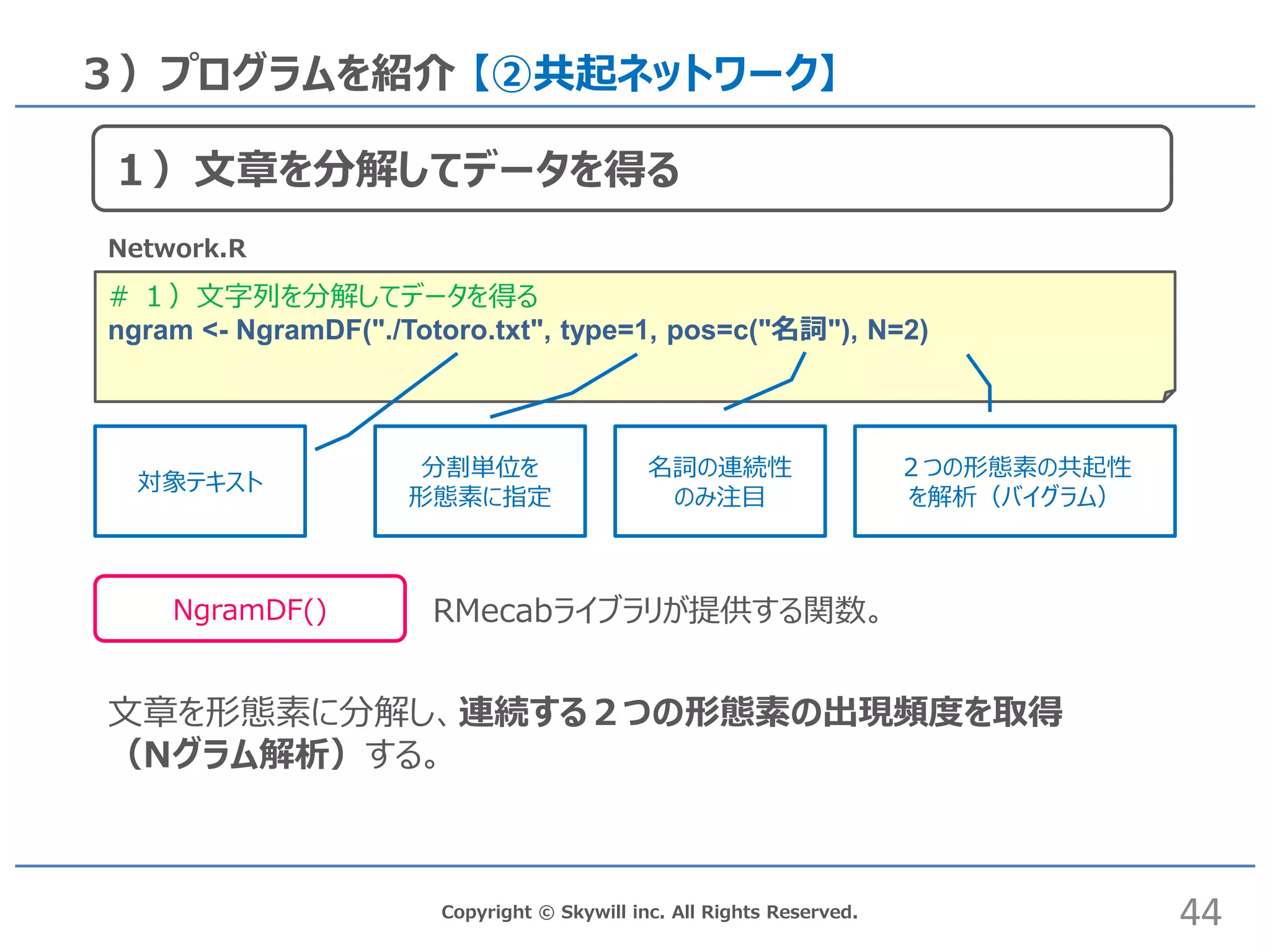 Copyright © Skywill inc. All Rights Reserved.
# １）文字列を分解してデータを得る
ngram <- NgramDF("./Totoro.txt", type=1, pos=c("名詞"), N=2)
３）プログラムを紹介 【②共起ネットワーク】
NgramDF()
Network.R
文章を形態素に分解し、連続する２つの形態素の出現頻度を取得
（Nグラム解析）する。
RMecabライブラリが提供する関数。
44
１）文章を分解してデータを得る
対象テキスト
分割単位を
形態素に指定
名詞の連続性
のみ注目
２つの形態素の共起性
を解析（バイグラム）
 