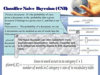 Classifier Naive Bayesian (CNB)
 P(class| document) : It’s the probability of class
Bayesian learning is a probability-driven algorithm
given a document, or the probability that a given
based on Bayes probability theorem it is highly
document D belongs to a given class C, and that is our
recommended in Arabic text classification
target.
P(document ) : The probability of a document, we can
notice that p(document ) is a Constance divider to
A documents can be modeled as sets of words thus the
every calculation, so we can ignore it.
P(document | class ) can be written in two way Where:
P( class ): The probability of a class (or category), we
 p(wordi |C )The Naive Bayesian can often outperform more
               : Probability that the i-th word of a given
can compute it from the number of documents in the
document occurs in a document from class C, and this Classifier task
              sophisticated classification methods.
category divided by documents number in all
can be calculated as follow: incoming objects to their appropriate
              is to categorize
categories.
             Class.
P(document | class ) : It’s the probability of document
in a given class.




                                                                       34
 