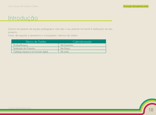 Curso Técnico de Desenho Gráfico                                                               Execução de projectos reais




Introdução
Quanto ao parecer da equipa pedagógica, esta deu o seu parecer favorável à realização do meu
projecto.
Passo, de seguida a apresentar o cronograma / elencos de tarefas

                   Elenco de Tarefas                     Calendarização
     Briefing/Pesquisa                        Até Dezembro
     Realização dos Projectos                 Até Março
     Catálogo impresso e em formato digital   Até Junho




Cesário Rafael Baía Alves
                                                                                                                             10
 