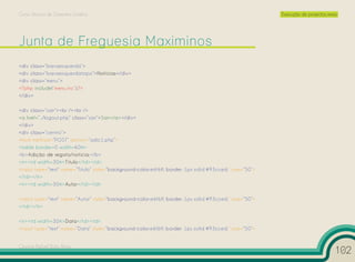 Curso Técnico de Desenho Gráfico                                                                          Execução de projectos reais




<div class=”barraesquerda”>
<div class=”barraesquerdatopo”>Notícias</div>
<div class=”menu”>
<?php include(‘menu.inc’);?>
</div>

<div class=”sair”><br /><br />
<a href=”../logout.php” class=”sair”>Sair</a></div>
</div>
<div class=”centro”>
<form method=”POST” action=”adic1.php”>
<table border=0 width=60%>
<b>Adição de registo/notícia:</b>
<tr><td width=30%>Título</td><td>
<input type=”text” name=”Titulo” style=”background-color:e6f6ff; border: 1px solid #93cced;” size=”50”>
</td></tr>
<tr><td width=30%>Autor</td><td>

<input type=”text” name=”Autor” style=”background-color:e6f6ff; border: 1px solid #93cced;” size=”50”>
</td></tr>

<tr><td width=30%>Data</td><td>
<input type=”text” name=”Data” style=”background-color:e6f6ff; border: 1px solid #93cced;” size=”50”>


Cesário Rafael Baía Alves
                                                                                                                                    102
 