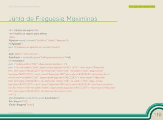 Curso Técnico de Desenho Gráfico                                                                Execução de projectos reais




<b> Edição de registo</b>
<br>Escolha um registo para alterar
<?php
$ligacao=mysql_connect(“localhost”,”admin”,”freguesia”);
if (!ligacao) {
print (“Problema na ligação ao servidor Mysql”);
}
$sql=”select * from noticias”;
$resultado = mysql_db_query(“bdfreguesiamaximinos”,$sql);
if ($resultado){
print (“<table width=”90%” align=center border=1 >”);
print (“<tr><td width=”15%” align=center bgcolor=”#7CC1E7”> <font face=”Trebuchet
MS” font color=”#333333”><b>Titulo</b></font></td><td width=”10%” align=center
bgcolor=”#7CC1E7”> <font face=”Trebuchet MS” font color=”#333333”><b>Autor</b></
font></td><td width=”10%” align=center bgcolor=”#7CC1E7”> <font face=”Trebuchet
MS” font color=”#333333”><b>Data</b></font></td><td width=”15%” align=center
bgcolor=”#7CC1E7”> <font face=”Trebuchet MS” font color=”#333333”><b>Texto introdutó-
rio</b></font></td><td width=”50%” align=center bgcolor=”#7CC1E7”> <font face=”Trebuchet
MS” font color=”#333333”><b>Notícia</b></font></td>
</tr>”);
while ($registo=mysql_fetch_array($resultado)) {
$id=$registo[“id”];
$Titulo=$registo[‘Titulo’];


Cesário Rafael Baía Alves
                                                                                                                          110
 