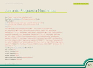 Curso Técnico de Desenho Gráfico                                                             Execução de projectos reais




$sql=”select * from noticias order by id asc”;
$resultado=mysql_db_query(“bdfreguesiamaximinos”,$sql);
if($resultado){
print(“<b>Seleccione o registo que pretende eliminar<p></b>”);
print (“<table width=”100%” align=center border=1 >”);
print (“<tr>
<td width=”5%” align=center bgcolor=”#7CC1E7” ><font face=”Trebuchet
MS”<font color=”#333333”><b>ID</b></font></td><td width=”5%” align=center
bgcolor=”#7CC1E7”> <font face=”Trebuchet MS” font color=”#333333”><b>Titulo</b></
font></td><td width=”10%” align=center bgcolor=”#7CC1E7”> <font face=”Trebuchet
MS” font color=”#333333”><b>Autor</b></font></td><td width=”10%” align=center
bgcolor=”#7CC1E7”> <font face=”Trebuchet MS” font color=”#333333”><b>Data</b></
font></td><td width=”20%” align=center bgcolor=”#7CC1E7”> <font face=”Trebuchet MS”
font color=”#333333”><b>Texto introdutório</b></font></td><td width=”50%” align=center
bgcolor=”#7CC1E7”> <font face=”Trebuchet MS” font color=”#333333”><b>Notícia</b></
font></td></tr>”);
while($registo=mysql_fetch_array($resultado)){
$id=$registo[“id”];
$Titulo=$registo[‘Titulo’];
$Autor=$registo[‘Autor’];
$Data=$registo[‘Data’];
$textointrodutorio=$registo[‘textointrodutorio’];
$Noticia=$registo[‘Noticia’];


Cesário Rafael Baía Alves
                                                                                                                       120
 