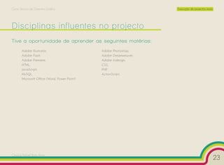 Curso Técnico de Desenho Gráfico                                   Execução de projectos reais




Disciplinas influentes no projecto
Tive a oportunidade de aprender as seguintes matérias:
       Adobe Illustrator,                     Adobe Photoshop,
       Adobe Flash,                           Adobe Dreamweaver,
       Adobe Premiere,                        Adobe Indesign,
       HTML,                                  CSS,
       JavaScript,                            PHP,
       MySQL,                                 ActionScript,
       Microsoft Office (Word, Power Point)




Cesário Rafael Baía Alves
                                                                                                 23
 