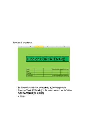 Funcion Concatenar

Se Seleccionan Las Celdas (B6;C6,D6)Despues la
FuncionCONCATENAR() Y Se seleccionan Las 3 Celdas
CONCATENAR(B6;C6,D6)
Y Listo.

 