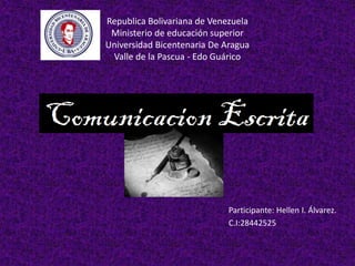 Republica Bolivariana de Venezuela
Ministerio de educación superior
Universidad Bicentenaria De Aragua
Valle de la Pascua - Edo Guárico
Participante: Hellen I. Álvarez.
C.I:28442525
 