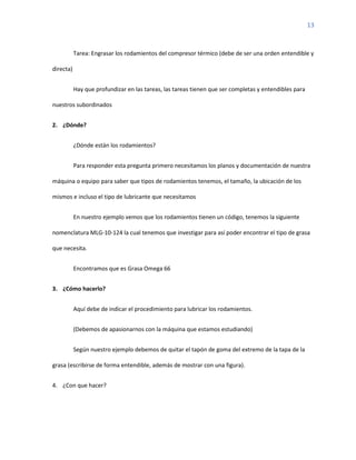 13
Tarea: Engrasar los rodamientos del compresor térmico (debe de ser una orden entendible y
directa)
Hay que profundizar en las tareas, las tareas tienen que ser completas y entendibles para
nuestros subordinados
2. ¿Dónde?
¿Dónde están los rodamientos?
Para responder esta pregunta primero necesitamos los planos y documentación de nuestra
máquina o equipo para saber que tipos de rodamientos tenemos, el tamaño, la ubicación de los
mismos e incluso el tipo de lubricante que necesitamos
En nuestro ejemplo vemos que los rodamientos tienen un código, tenemos la siguiente
nomenclatura MLG-10-124 la cual tenemos que investigar para así poder encontrar el tipo de grasa
que necesita.
Encontramos que es Grasa Omega 66
3. ¿Cómo hacerlo?
Aquí debe de indicar el procedimiento para lubricar los rodamientos.
(Debemos de apasionarnos con la máquina que estamos estudiando)
Según nuestro ejemplo debemos de quitar el tapón de goma del extremo de la tapa de la
grasa (escribirse de forma entendible, además de mostrar con una figura).
4. ¿Con que hacer?
 