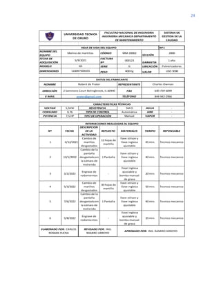 24
Nº1
NOMBRE DEL
EQUIPO
CÓDIGO MM-20002
SECCIÓN
2000
FECHA DE
ADQUISICIÓN
FACTURA
Nº
000123
GARANTIA
1 año
MODELO SERIE G UBICACIÓN Pulverizadoras
DIMENSIONES PESO 400 Kg VALOR USD 3000
NOMBRE REPRESENTANTE
DIRECCIÓN FAX
E-MAIL TELÉFONO
VOLTAJE 5,5KW 5M Ω AGUA -
CONSUMO 0,76 Automática AIRE -
POTENCIA 7,5 HP Manual VAPOR -
Nº FECHA
DESCRIPCIÓN
DE LA
ACTIVIDAD
REPUESTO MATERIALES TIEMPO REPONSABLE
1 4/12/2021
Cambio de
marillos
desgastados
12 hojas de
martillo
llave stilson y
llave inglesa
ajustable
45 min. Tecnico mecanico
2 13/1/2022
Cambio de la
pantalla
desgastada en
la cámara de
molienda
1 Pantalla
llave stilson y
llave inglesa
ajustable
40 min. Tecnico mecanico
3 2/2/2022
Engrase de
rodamientos
-
llave inglesa
ajustable y
bomba manual
de grasa
20 min. Tecnico mecanico
4 5/3/2022
Cambio de
marillos
desgastados
30 hojas de
martillo
llave stilson y
llave inglesa
ajustable
50 min. Tecnico mecanico
5 7/6/2022
Cambio de la
pantalla
desgastada en
la cámara de
molienda
1 Pantalla
llave stilson y
llave inglesa
ajustable
40 min. Tecnico mecanico
6 5/8/2022
Engrase de
rodamientos
-
llave inglesa
ajustable y
bomba manual
de grasa
20 min. Tecnico mecanico
prater@gmail.com
Charles Owman
630-759-6099
844-942-2966
SISTEMA DE
GESTION DE LA
CALIDAD
FACULTAD NACIONAL DE INGENIERIA
INGENIERIA MECANICA DEPARTAMENTO
DE MANTENIMIENTO
HOJA DE VIDA DEL EQUIPO
APROBADO POR: ING. RAMIRO ARROYO
UNIVERSIDAD TECNICA
DE ORURO
TIPO DE OPERACIÓN
TIPO DE CONTROL
RESISTENCIA
ELABORADO POR: CARLOS
ROMAN YUCRA
REVISADO POR: ING.
RAMIRO ARROYO
Molino de martillos
5/9/2021
G5
1100X750X655
INTERVECIONES REALIZADAS AL EQUIPO
CARACTERISTICAS TÉCNICAS
DATOS DEL FABRICANTE
Robert de Prater
2 Sammons Court Bolingbrook, IL 60440
 